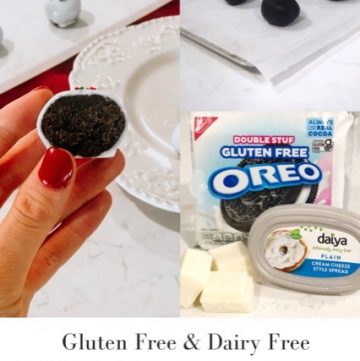 Gluten free oreo cookie package, dairy free cream cheese oreo truffle cut in half