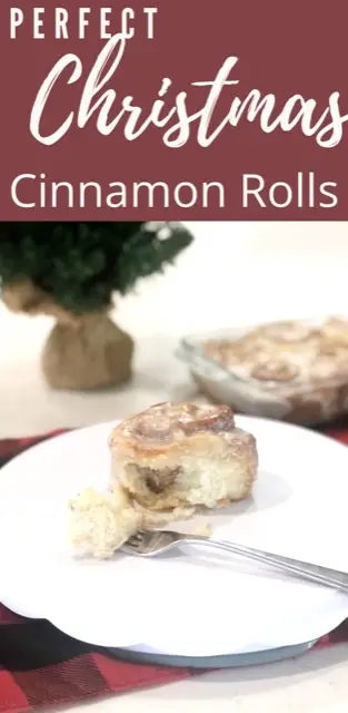 Perfect Christmas Cinnamon Roll on white plate with fork
