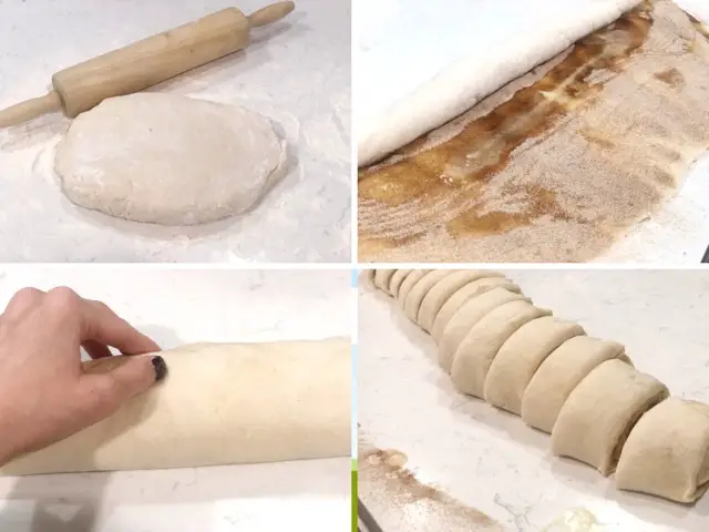 Step by step pictures of rolling out cinnamon roll dough, adding butter, cinnamon sugar, rolling up and slicing 