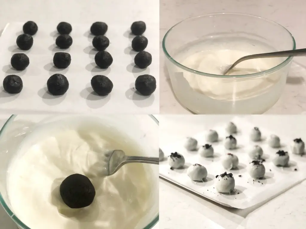 oreo truffles on baking sheet, melted white chocolate, oreo truffle in white chocolate, coated oreo truffles on baking sheet