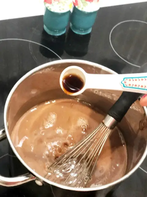 hot chocolate in pot on stove, 1 tsp vanilla