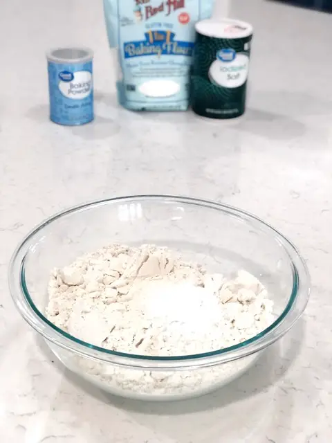 bowl with gluten free flour, salt and baking powder