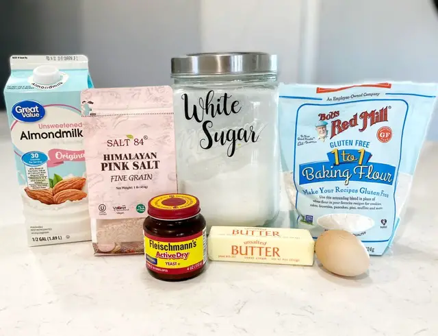 gluten free flour, sugar, egg, butter, yeast, salt, almond milk
