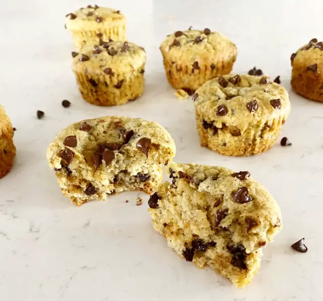 gluten free dairy free banana muffin with chocolate chips cut in half