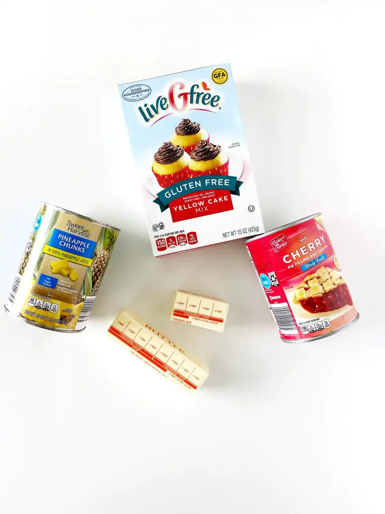 ingredients for classic gluten free cherry pineapple dump cake