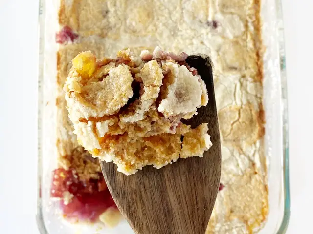 close up of classic gluten free cherry pineapple dump cake 