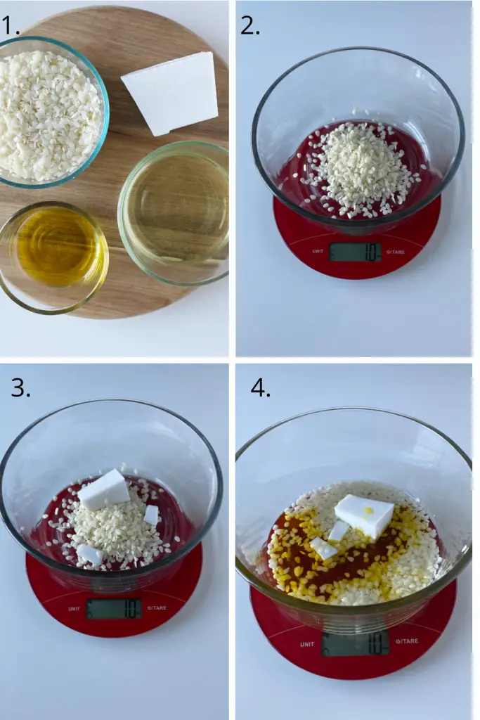 steps 1-4 of homemade beeswax lip balm 