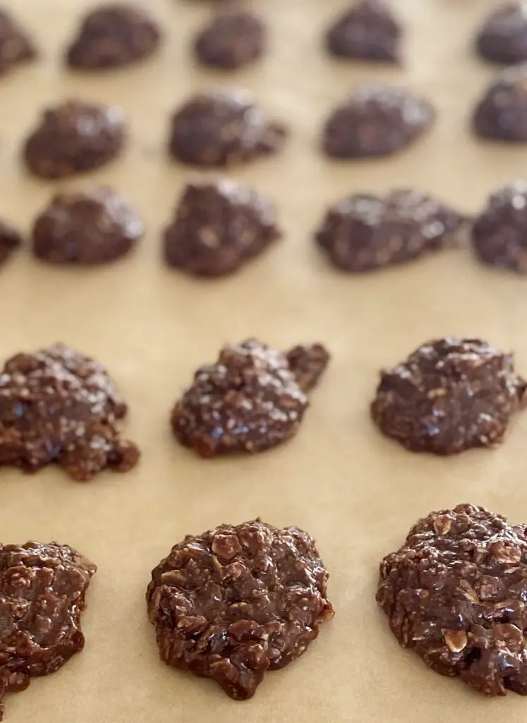 Gluten-Free No-Bake Cookies on brown parchment paper 