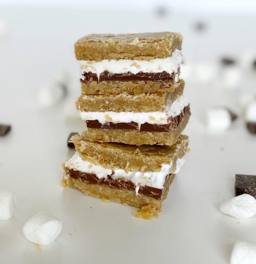 Close up of an easy gluten-free s’mores cookie bar recipe (dairy-free option)