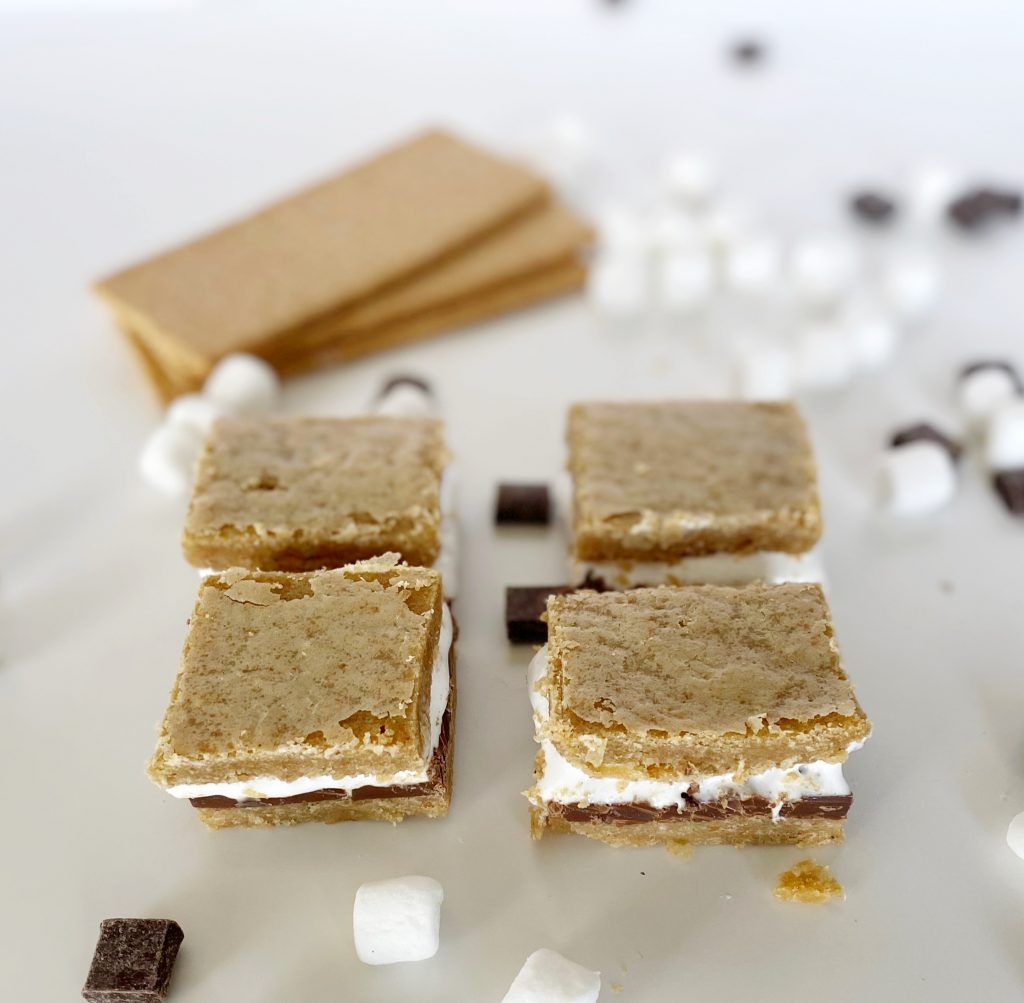 Close up of an easy gluten-free s’mores cookie bar recipe (dairy-free option)