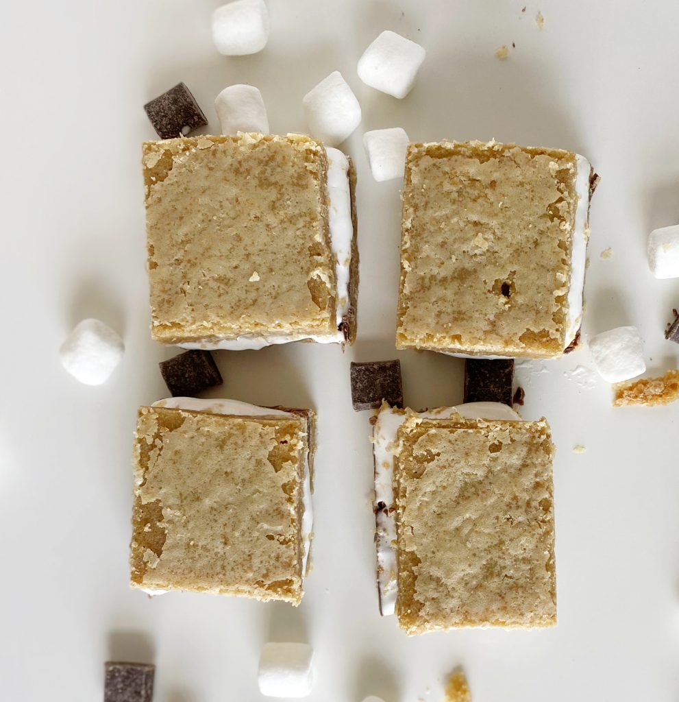 Close up of an easy gluten-free s’mores cookie bar recipe (dairy-free option)