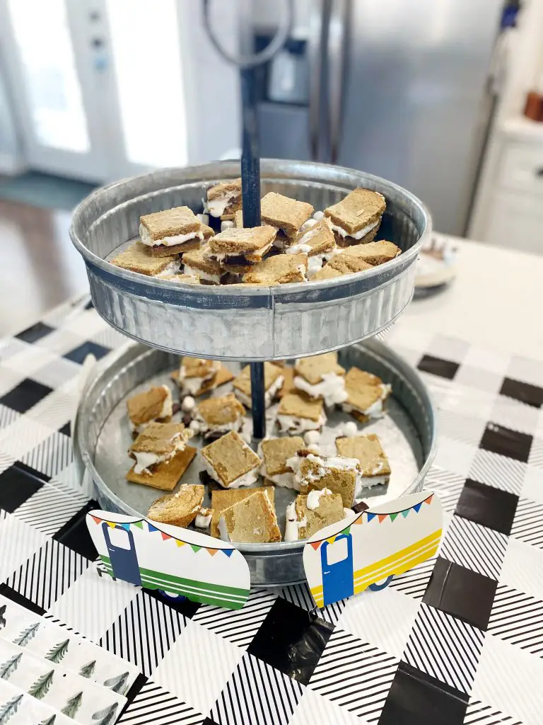 Close up of an easy gluten-free s’mores cookie bar recipe (dairy-free option) In silver cupcake stand