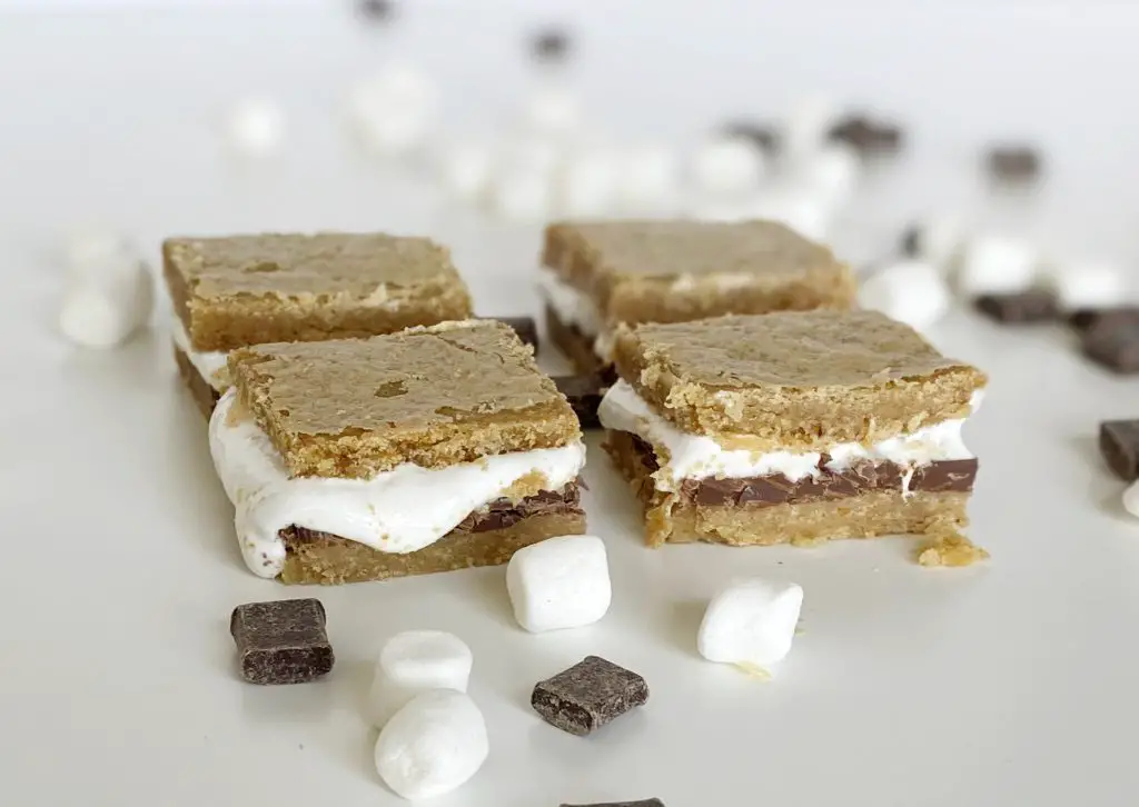 Close up of an easy gluten-free s’mores cookie bar recipe (dairy-free option)