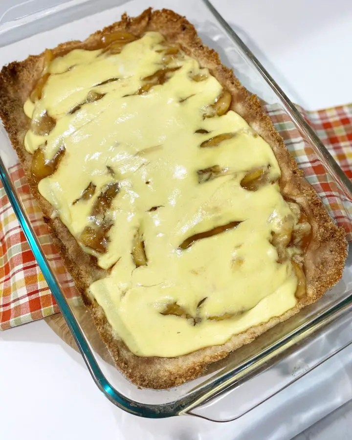 Easy Gluten Free German Apple Kuchen Dessert in glass dish